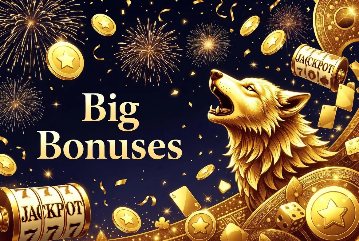Wolf Winner free spins and the four-deposit welcome package shown as stacked bonus tiers