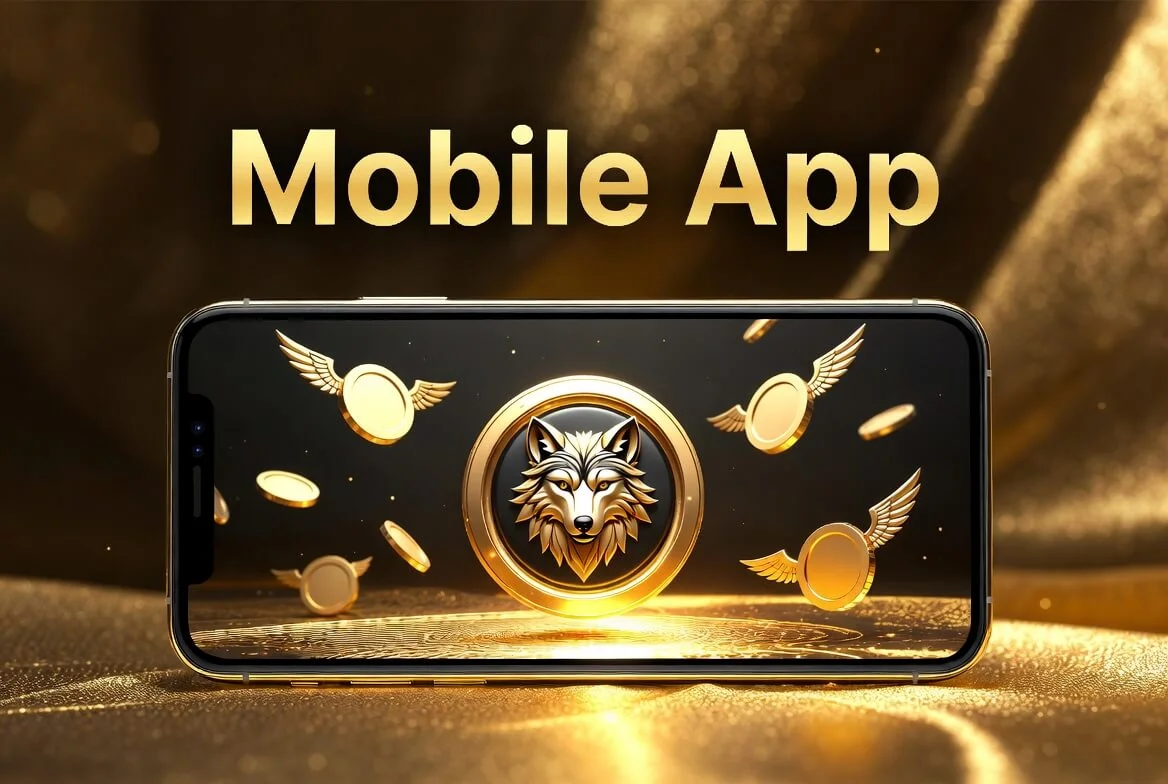 The Wolf Winner app download running on an Android phone showing the pokies lobby